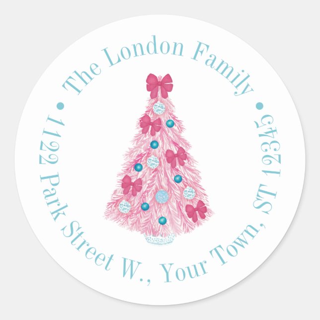 Fett rosa Christbaum mit Aquamariner Rücksendeadre Runder Aufkleber (Vorderseite)