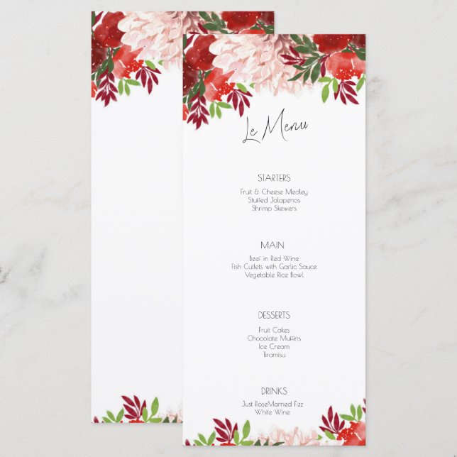 Fett rosa florales Hochzeitsmenü Menükarte (Vorne/Hinten)