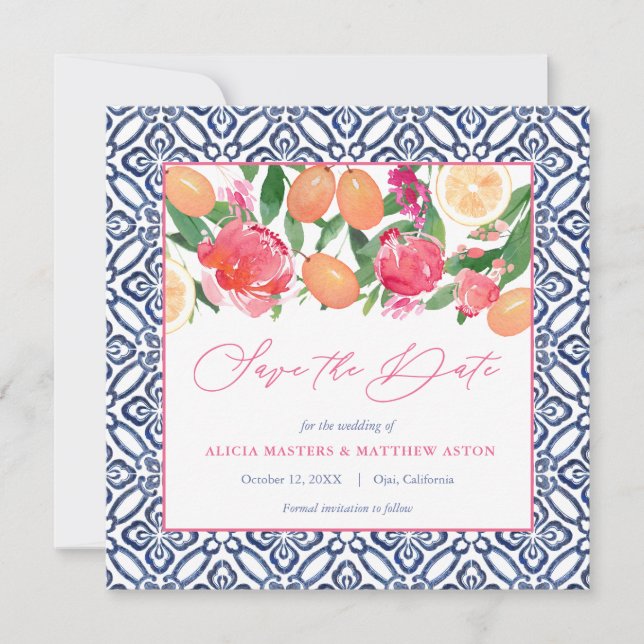 Fett rosa Florals mit Zitrusfrüchten und spanische Save The Date (Vorderseite)