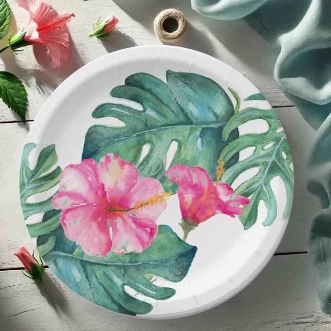 Fett rosa Hibiskus Tropenfarben Pappteller (Paper plates watercolor pink hibiscus flower and palm leaf art by Victoria Grigaliunas DoTellABelle)