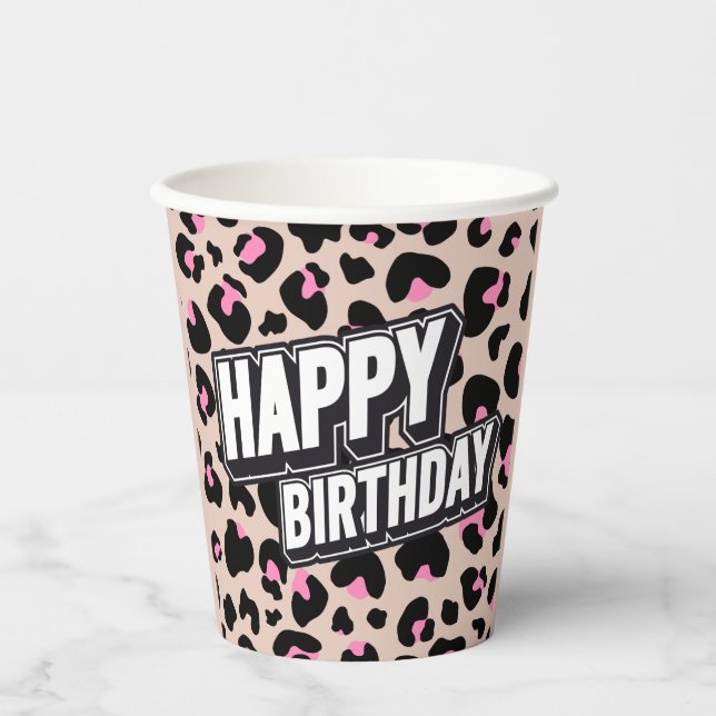 Fett rosa Leopard Happy Birthday Paper Cup Pappbecher (Vorderseite)