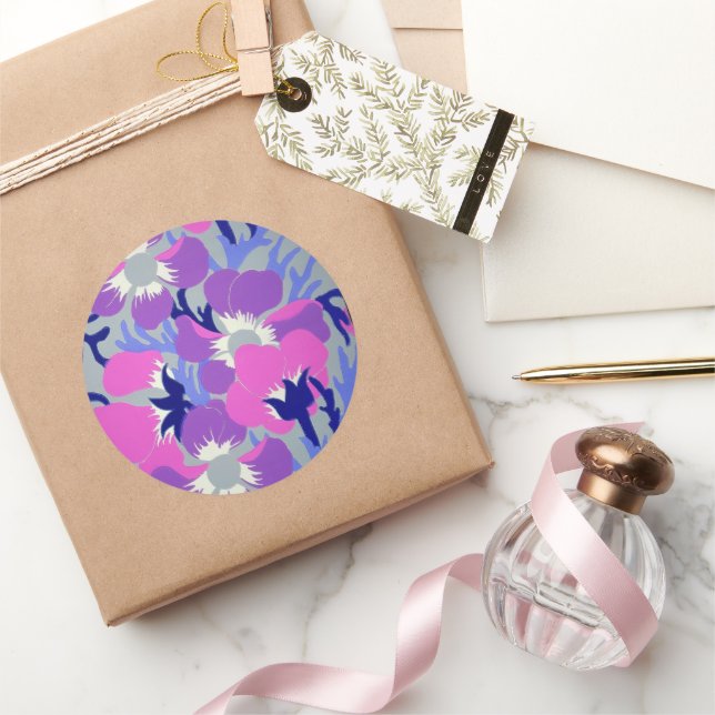 Fett Rosa & Lila Windflower-Muster Retro  Runder Aufkleber (Schenken)