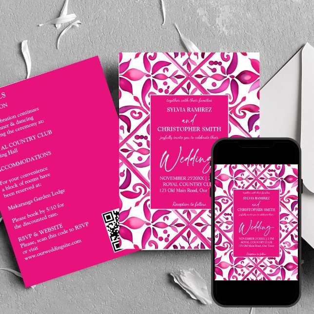 Fett rosa magenta Spanische Fliesen alle in einer  Einladung (Hot pink magenta Spanish Talavera tiles all in one wedding Invitation template digital download)
