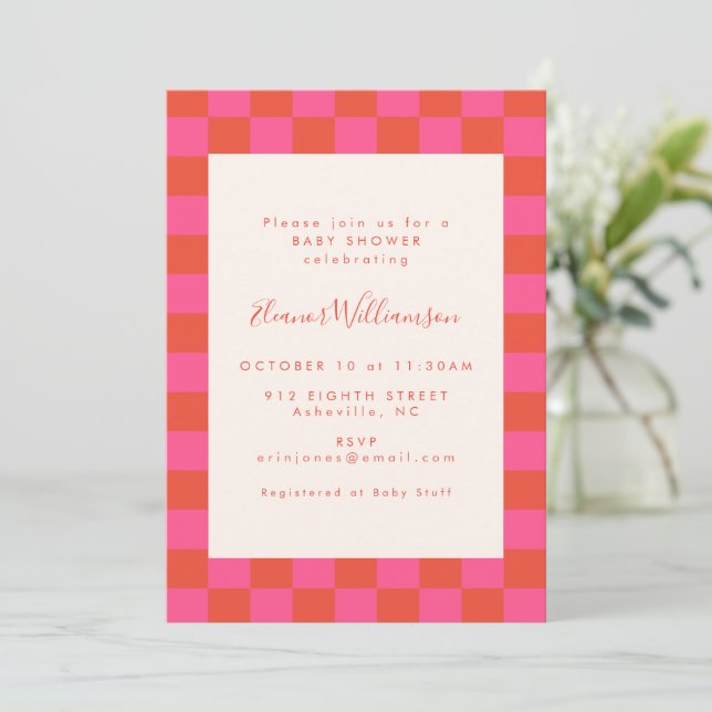 Fett rosa Orange Karton Muster Babydusche Einladung (Stehend Vorderseite)