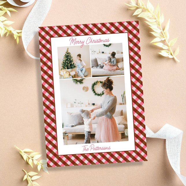 Fett Rosa & Rot Gingham Karo 3 Foto Weihnachten (Von Creator hochgeladen)