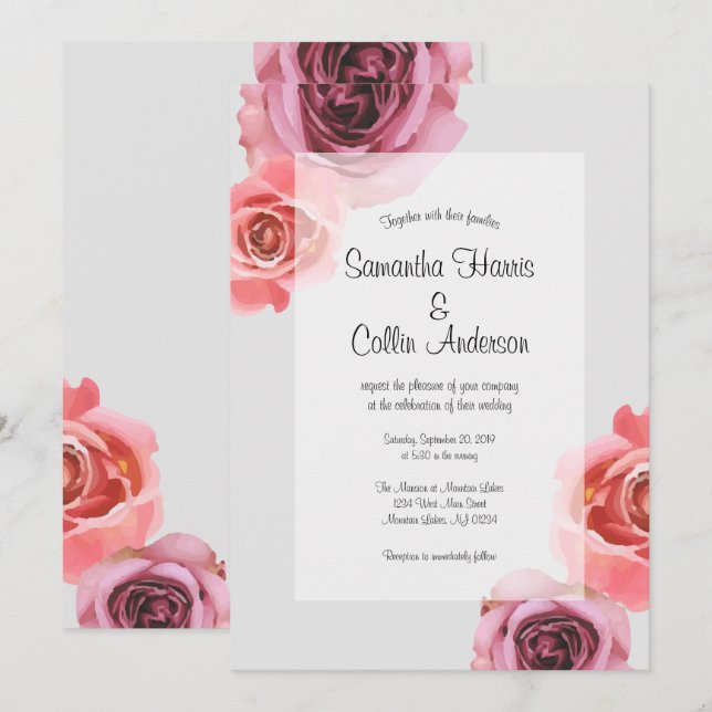 Fett rosa und Lila Frühjahrsfeiern Rose Hochzeit Einladung (Vorne/Hinten)