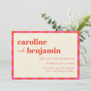 Fett rosa und orangefarbenes Prüfbrettmuster Hochz Einladung