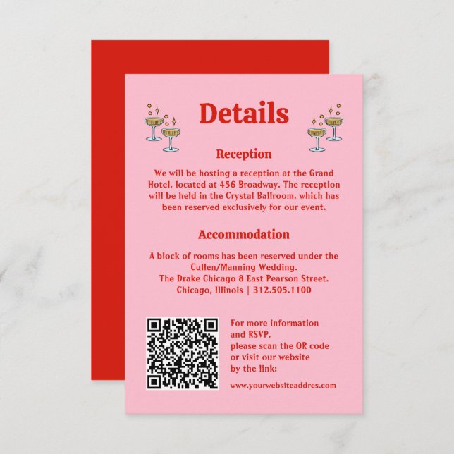 Fett rosa und roter QR Code Hochzeitsinformationen Begleitkarte (Vorne/Hinten)