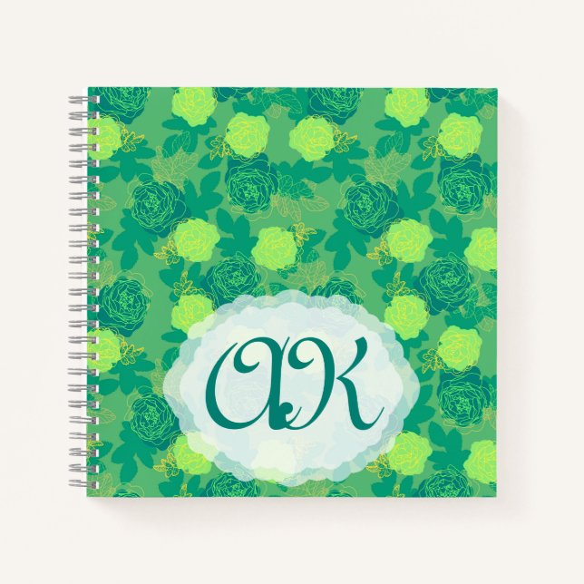 Fett Rose grünes Goldmonogramm Notizbuch (Vorderseite)