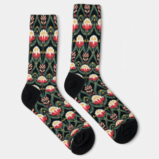 Fett Rot-Weiß-Protea-Blume Schwarze Crew Socken