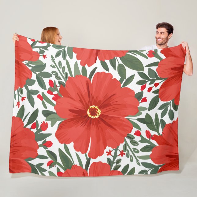 Fett rotes Blumenmuster mit grünen Blätter Fleecedecke (Beispiel)