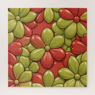 Fett rotes grünes Blumenmuster glänzende Herzblüte Puzzle