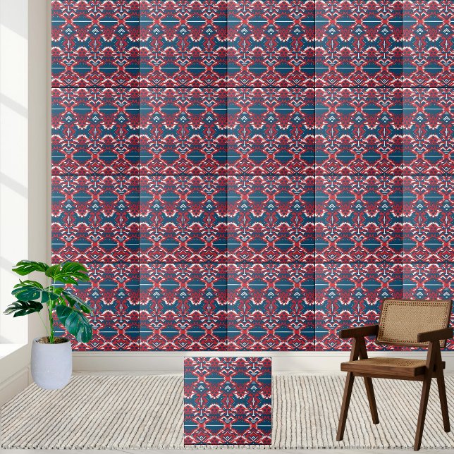 Fett rotes und blaues skandinavisches Stammmuster  Fliese (Bold Red and Blue Scandinavian Tribal Pattern Tile)