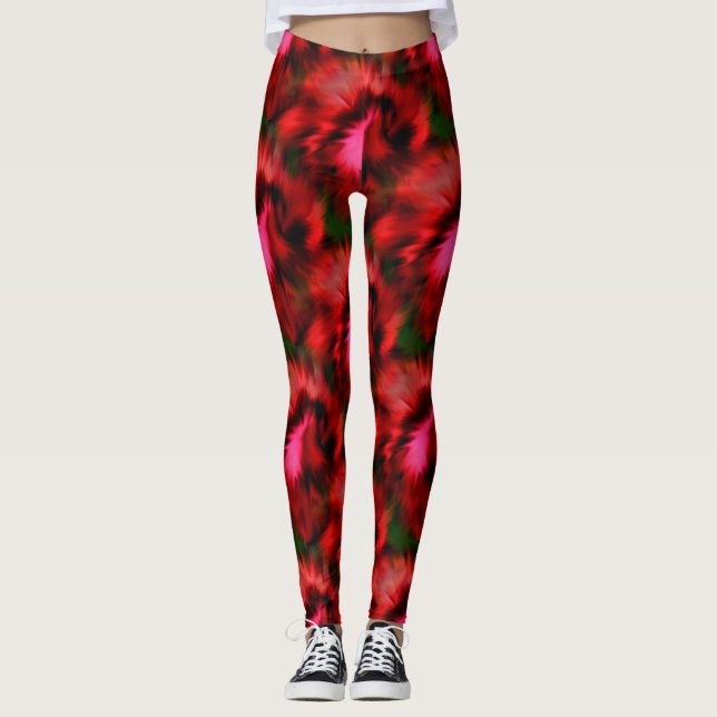 Fett rotes und grünes Abstraktes Kunstmuster Leggings (Vorderseite)