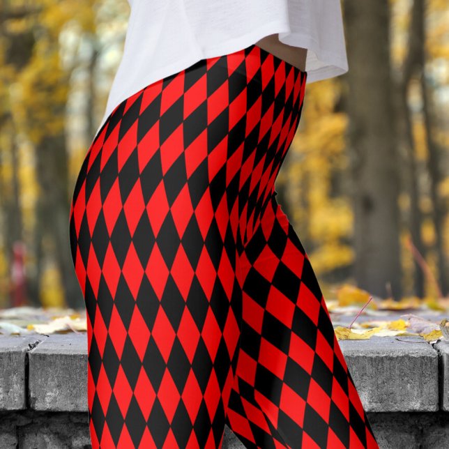 Fett rotes und schwarzes Harlequin-Karo-Muster Leggings (Harlequin Red & Black)