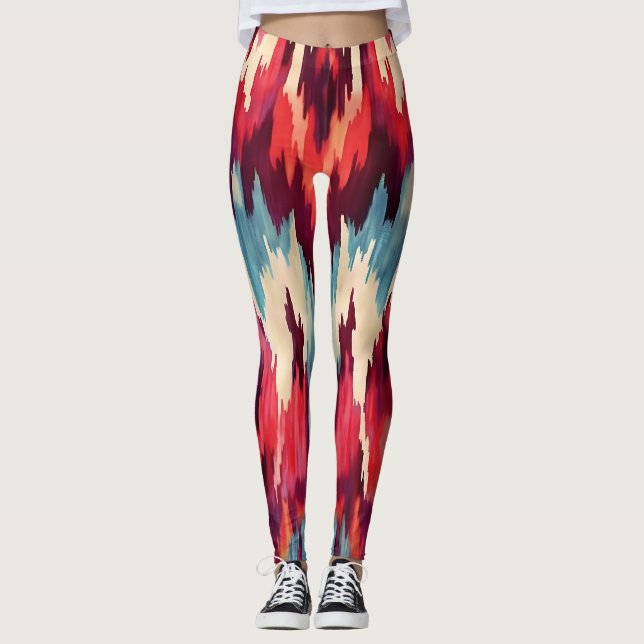 Fett rotes und schwarzes Ikat-Design Leggings (Vorderseite)
