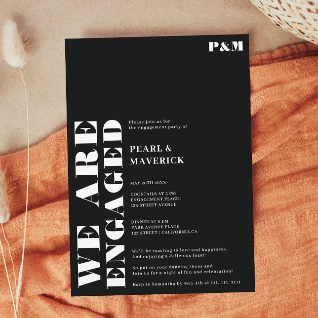 Fett schlichte, schwarze Hochzeitsfeier Einladung (Bold simple white black wedding engagement party invitation)