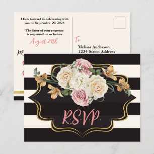 Fett schwarz, Elfenbein Streifen, Blumen RSVP Postkarte