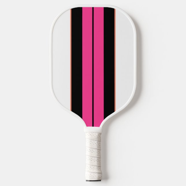 Fett Schwarz Rosa Racing Streifen Weiß Hintergrund Pickleball Schläger (Vorderseite)