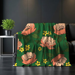 Fett Smaragdgrün und Pfirsich Modernes Blumenmuste Fleecedecke