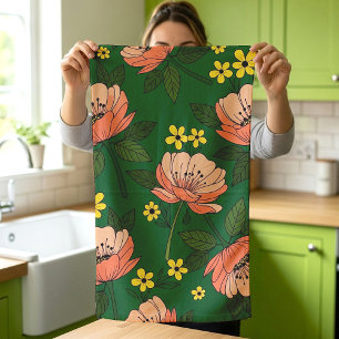 Fett Smaragdgrün und Pfirsich Modernes Blumenmuste Geschirrtuch