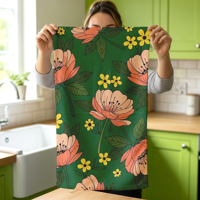 Fett Smaragdgrün und Pfirsich Modernes Blumenmuste Geschirrtuch (Von Creator hochgeladen)