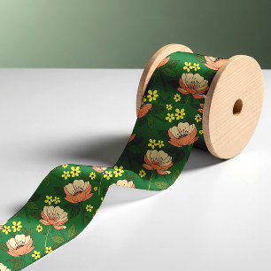 Fett Smaragdgrün und Pfirsich Modernes Blumenmuste Satinband