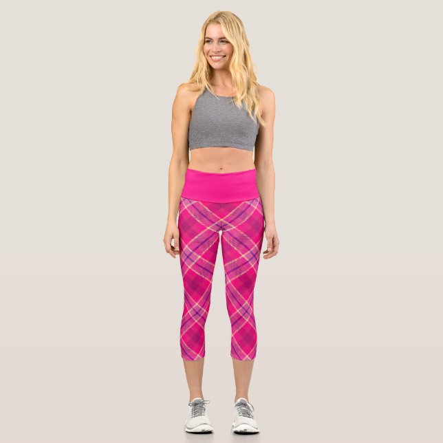Fett Spaß farbenfroh rosa und Lila Kariert Capri Leggings (Vorderseite)