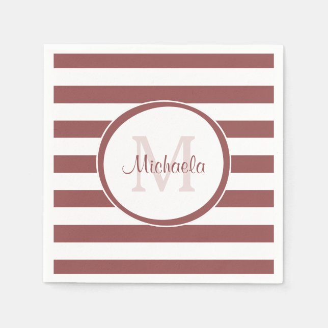 Fett Terracotta Rote Streifen Name und Monogramm Serviette (Vorderseite)