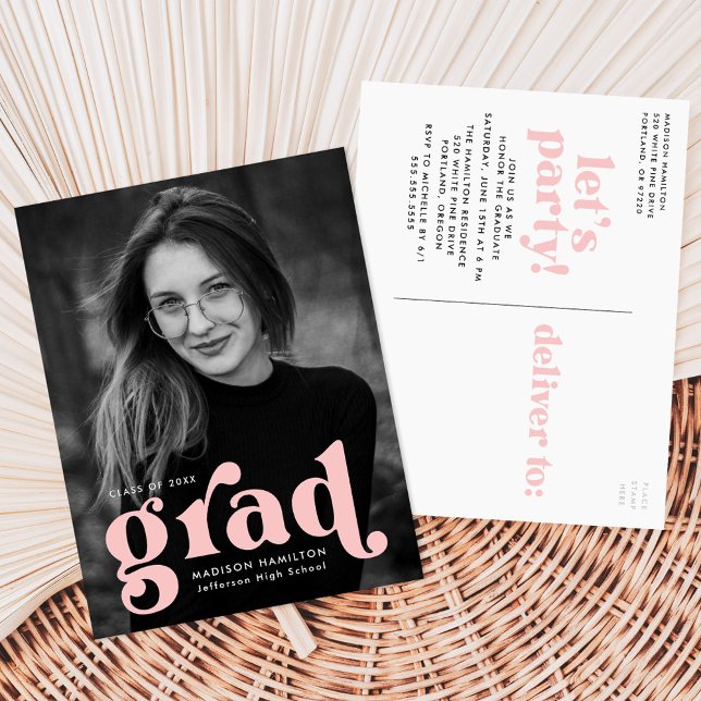 Fett Typografie Blush Pink Foto Graduation Party Einladungspostkarte (Von Creator hochgeladen)