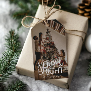 Fett Typografie Merry and Bright Foto Botanical Geschenkanhänger