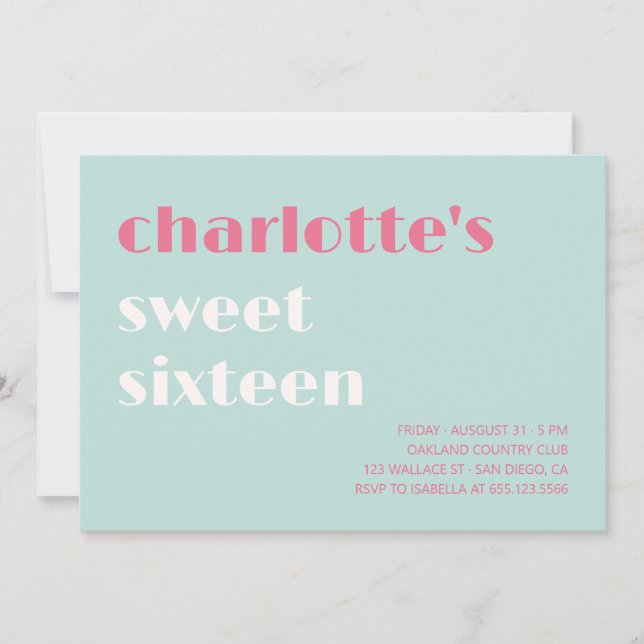 Fett typografisch schlicht blaurosa 16 . Geburtsta Einladung (Vorderseite)