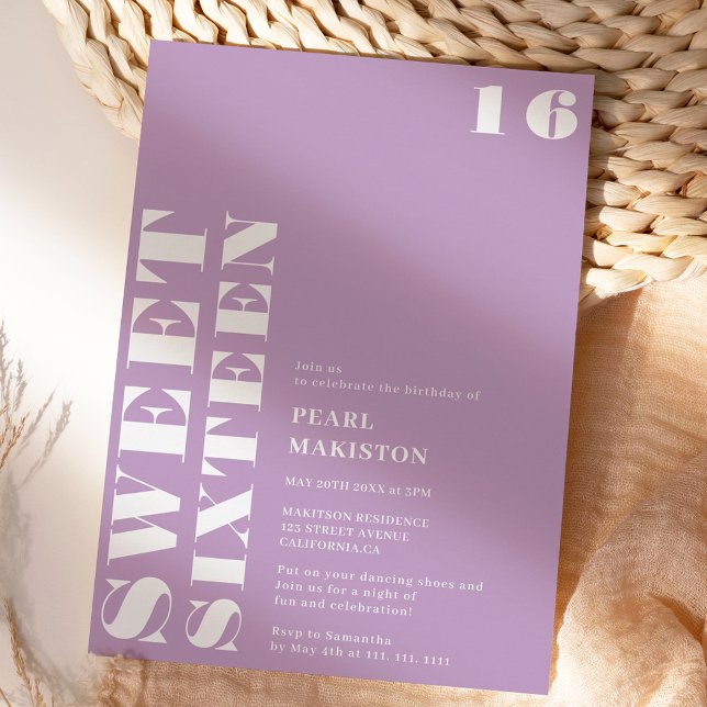 Fett weißer Lavendel süß 16 Geburtstag Einladung (Bold simple white lavender sweet 16 birthday invitation)
