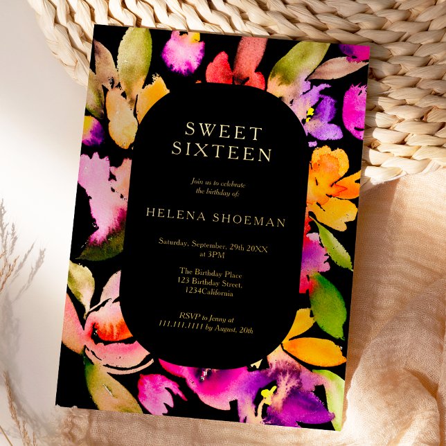 Fettabfall Übergröße Blumenwasserfarbe Süß 16 Folieneinladung (Bold fall oversize real gold foil floral watercolor Sweet 16 Invitation on black)