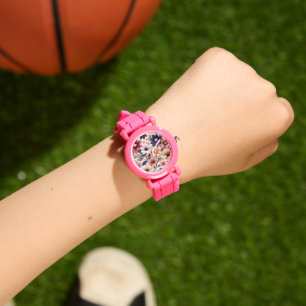 Fettblumen- und Blätter-Muster rosa Armbanduhr