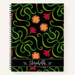 Fettblumige Damast-Sonnenblume Boho Schwarze Volks Notizbuch