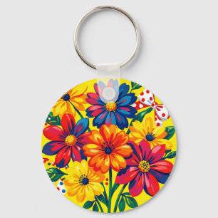 Fette bunte Blumen Pop-Art-Strauß Punkte Schlüsselanhänger