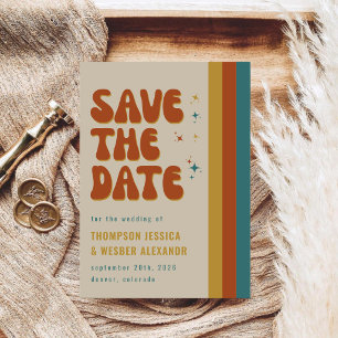 Fette farbenfrohe Retro-Schrift-Hochzeit der 70er Save The Date