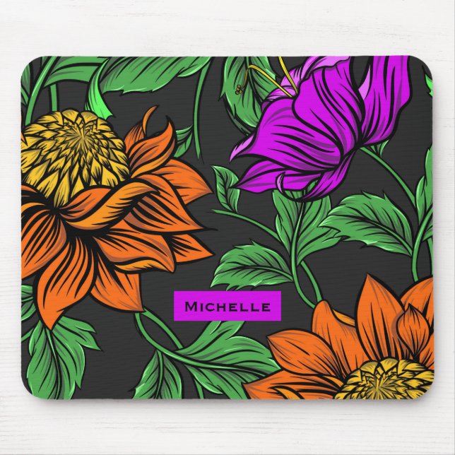 Fette Farbige Blumen auf Dunkelgrau Personalisiert Mousepad (Vorne)