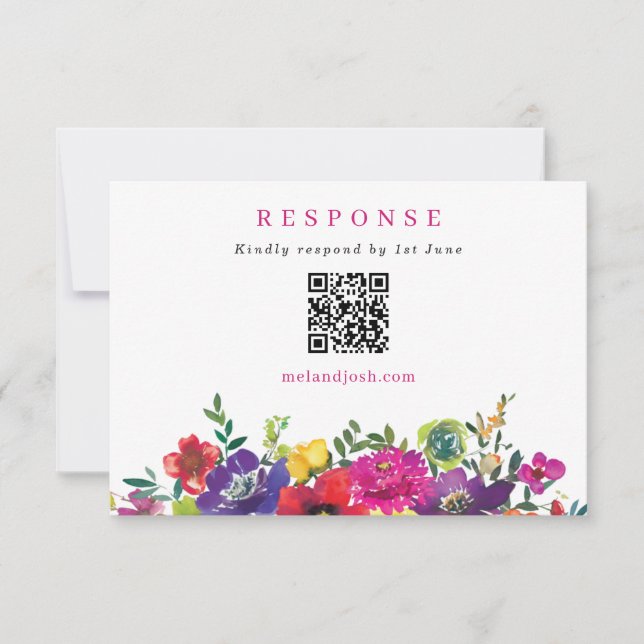 Fette Farbige Fiesta Blumen Hochzeit QR-Code RSVP Karte (Vorderseite)