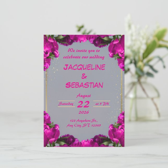 Fette Magenta Blumenhochzeit Einladung (Stehend Vorderseite)