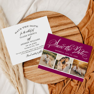 Fette Magenta-Kalligrafie Drei-Foto-Hochzeit Save The Date