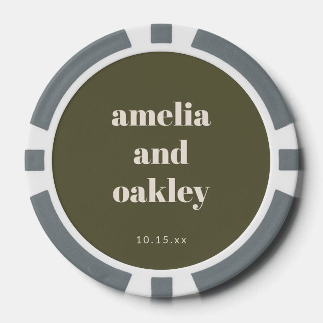 Fette minimalistische Boho-Olivgrüne Hochzeit Pokerchips (Vorderseite)