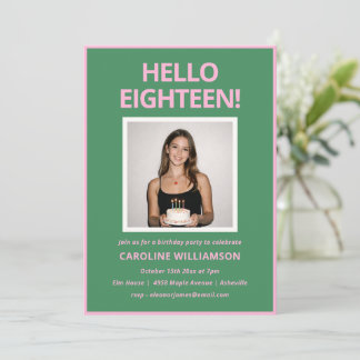 Fette moderne pink-grüne Foto-18-Geburtstagsfeier Einladung