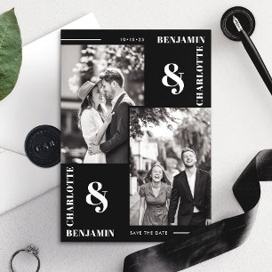 Fette moderne schwarze Zwei-Foto-Hochzeitsankündig Save The Date