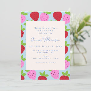 Fette preppy Erdbeere Blaue Babyparty Mädchen Einladung