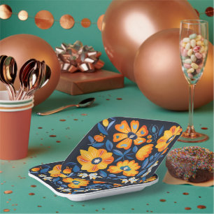 Fette Retro-Blumenillustration in Orange und Blau Pappteller