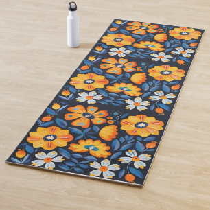 Fette Retro-Blumenillustration in Orange und Blau Yogamatte