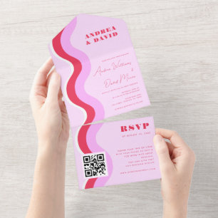 Fette Retro-Wellen Rosa & Rot QR-Code-RSVP-Hochzei All In One Einladung