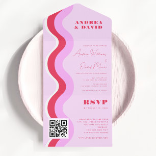 Fette Retro-Wellen Rosa & Rot QR-Code RSVP Hochzei All In One Einladung